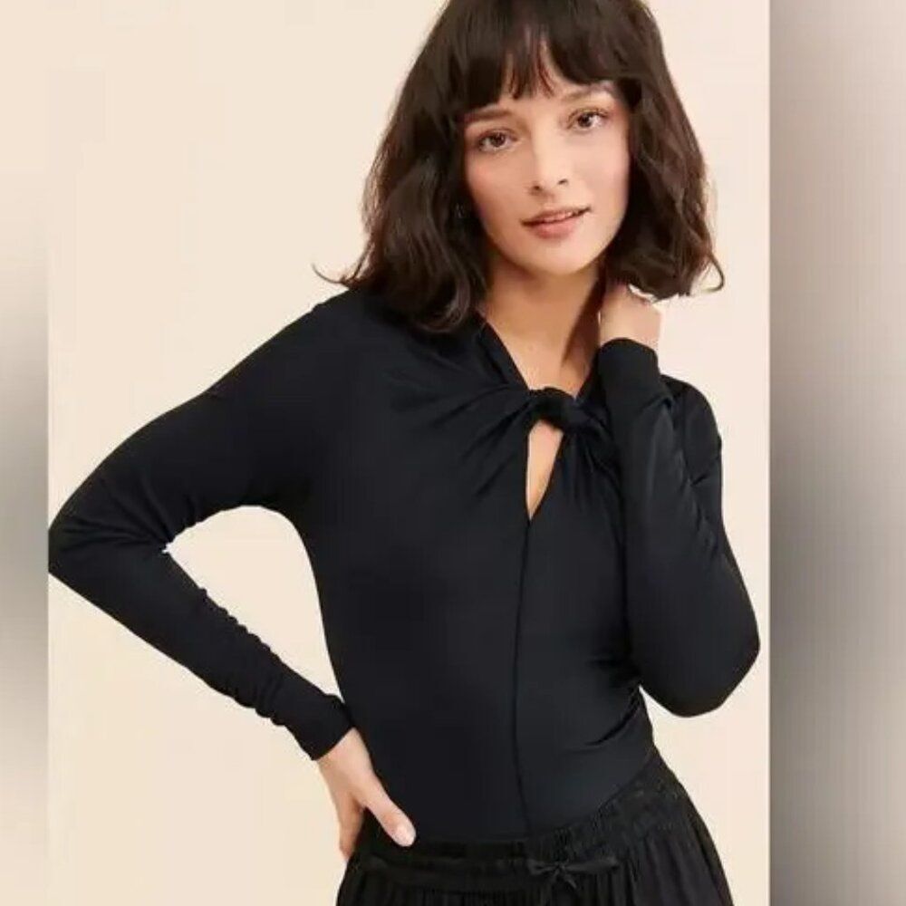 FARM Rio Twist-Front Cutout Long Sleeve Black Viscose Bodysuit Top MED